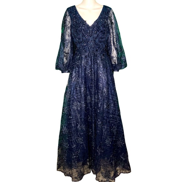 NWT MacDuggal Midnight Embellished V Neck Puff Sleeve A-line Gown - Sz 6 - Picture 3 of 9